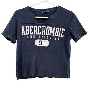 Abercrombie Fitch Navy Waffle Knit Varsity Graphic Shirt XS Faded Blue Distress